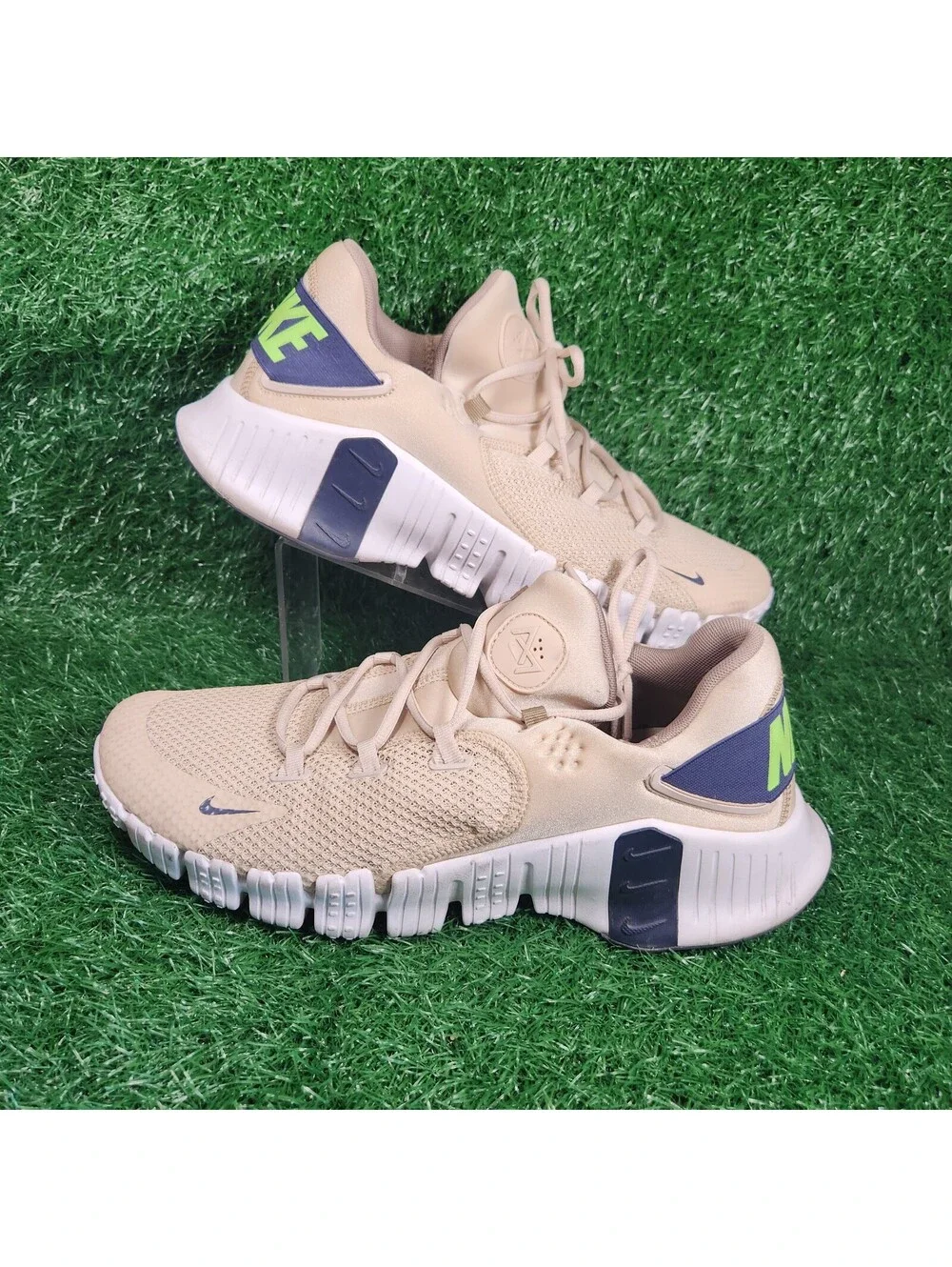 Nike Men's Athletic Sneakers Beige with Navy and Neon Green Accents